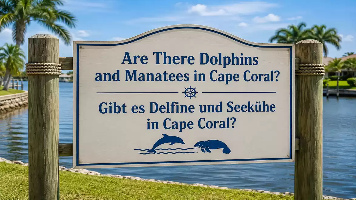 A sign by a river or canal with the text 'Are There Dolphins and Manatees in Cape Coral?', surrounded by palm trees and blue sky.