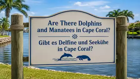 A sign by a river or canal with the text 'Are There Dolphins and Manatees in Cape Coral?', surrounded by palm trees and blue sky.