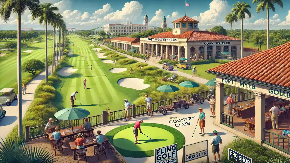 View of a sunny golf course with several people playing golf, surrounded by palm trees and a clubhouse. The clubhouse is visible in the background.