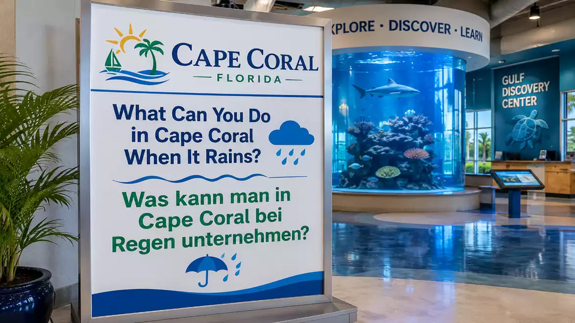 A sign inside a building indicates what to do in Cape Coral when it rains. An aquarium in the Gulf Discovery Center is visible in the background.