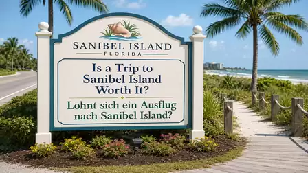 A sign on Sanibel Island in Florida asks if a trip to the island is worth it, next to palm trees and a beach path.