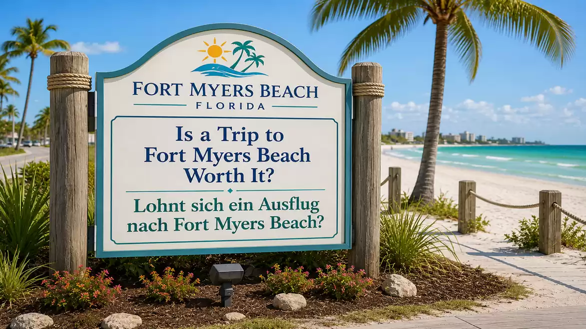 A sign at Fort Myers Beach, Florida, with the text 'Is a Trip to Fort Myers Beach Worth It?'. The beach with palm trees and turquoise water is visible in the background.