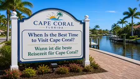 A sign in Cape Coral, Florida, with the question: When is the best time to visit Cape Coral? In the background, a canal with palm trees is visible.