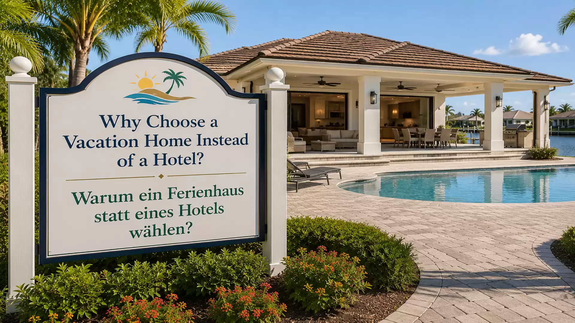 A luxurious vacation home with a pool, surrounded by palm trees, featuring a large sign explaining the benefits of a vacation home over a hotel.