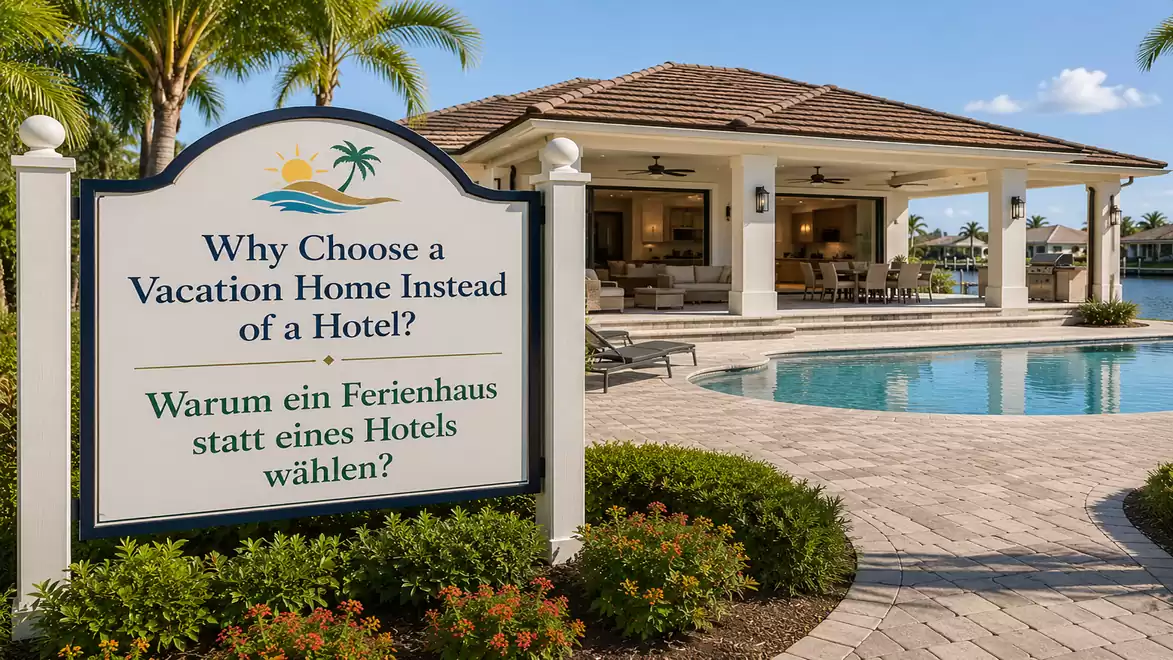 A luxurious vacation home with a pool, surrounded by palm trees, featuring a large sign explaining the benefits of a vacation home over a hotel.