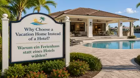 A luxurious vacation home with a pool, surrounded by palm trees, featuring a large sign explaining the benefits of a vacation home over a hotel.