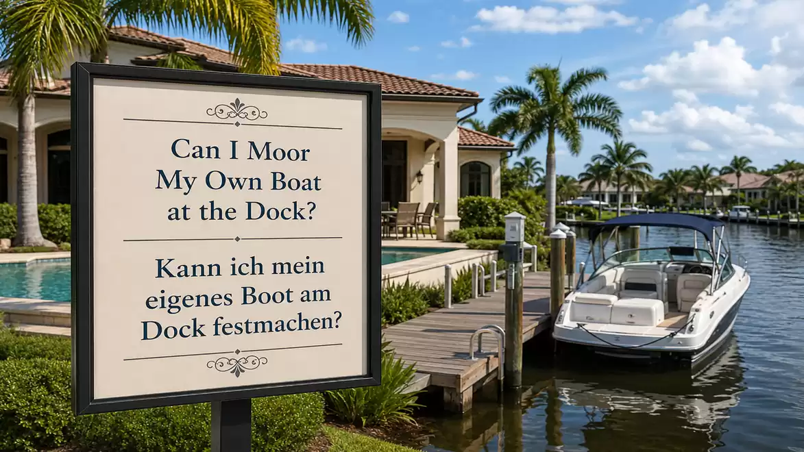 A luxury house with a boat dock, palm trees, and a moored boat. A sign asks in English and German whether one can moor their own boat at the dock.