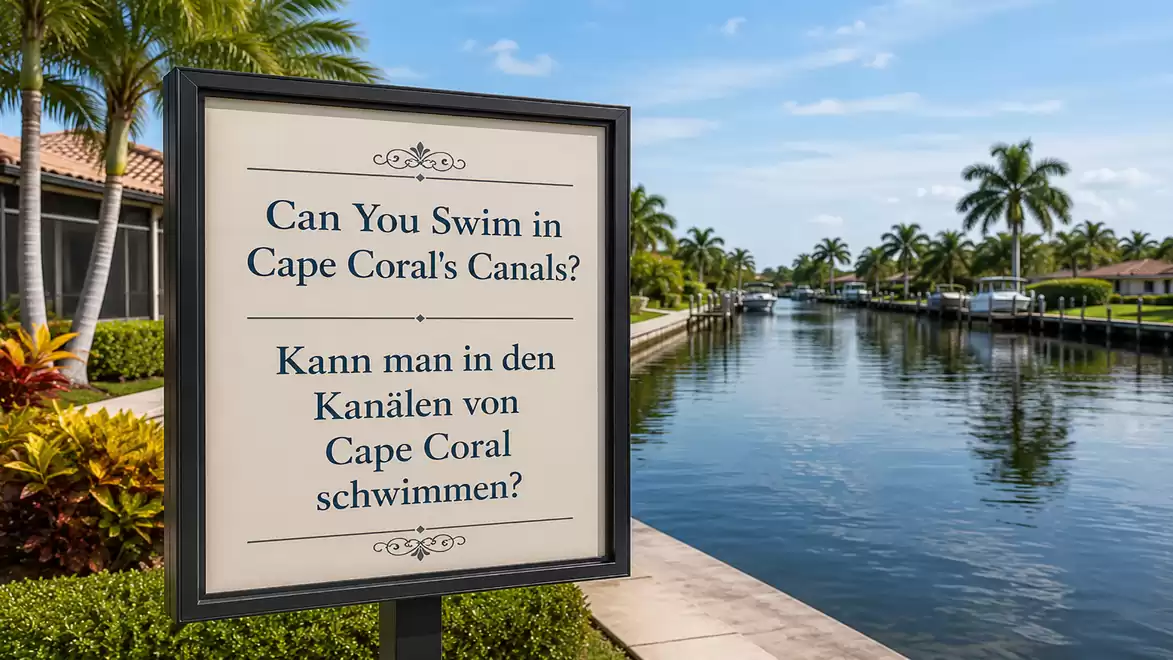 A sign reading 'Can You Swim in Cape Coral's Canals?' in front of a canal with palm trees in the background.