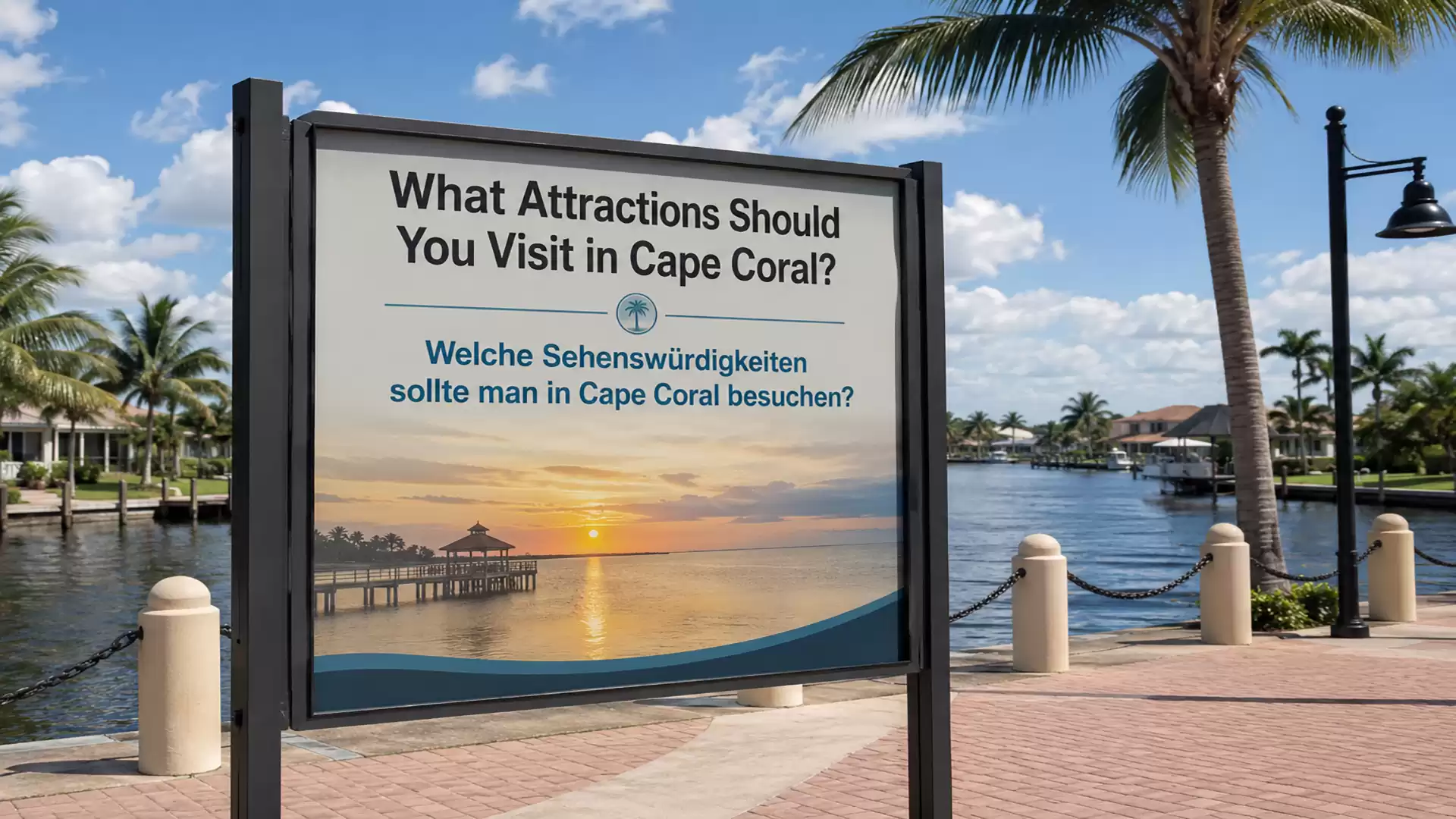 A sign reading 'What Attractions Should You Visit in Cape Coral?' stands before a waterway with palm trees and a sunny sky in the background.