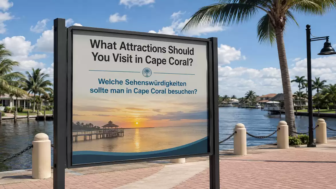 A sign reading 'What Attractions Should You Visit in Cape Coral?' stands before a waterway with palm trees and a sunny sky in the background.
