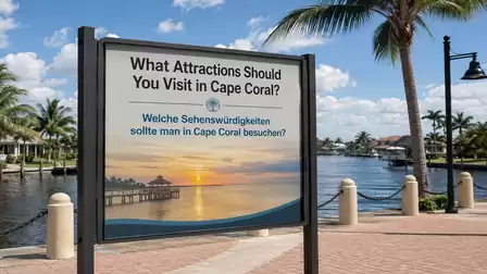 A sign reading 'What Attractions Should You Visit in Cape Coral?' stands before a waterway with palm trees and a sunny sky in the background.