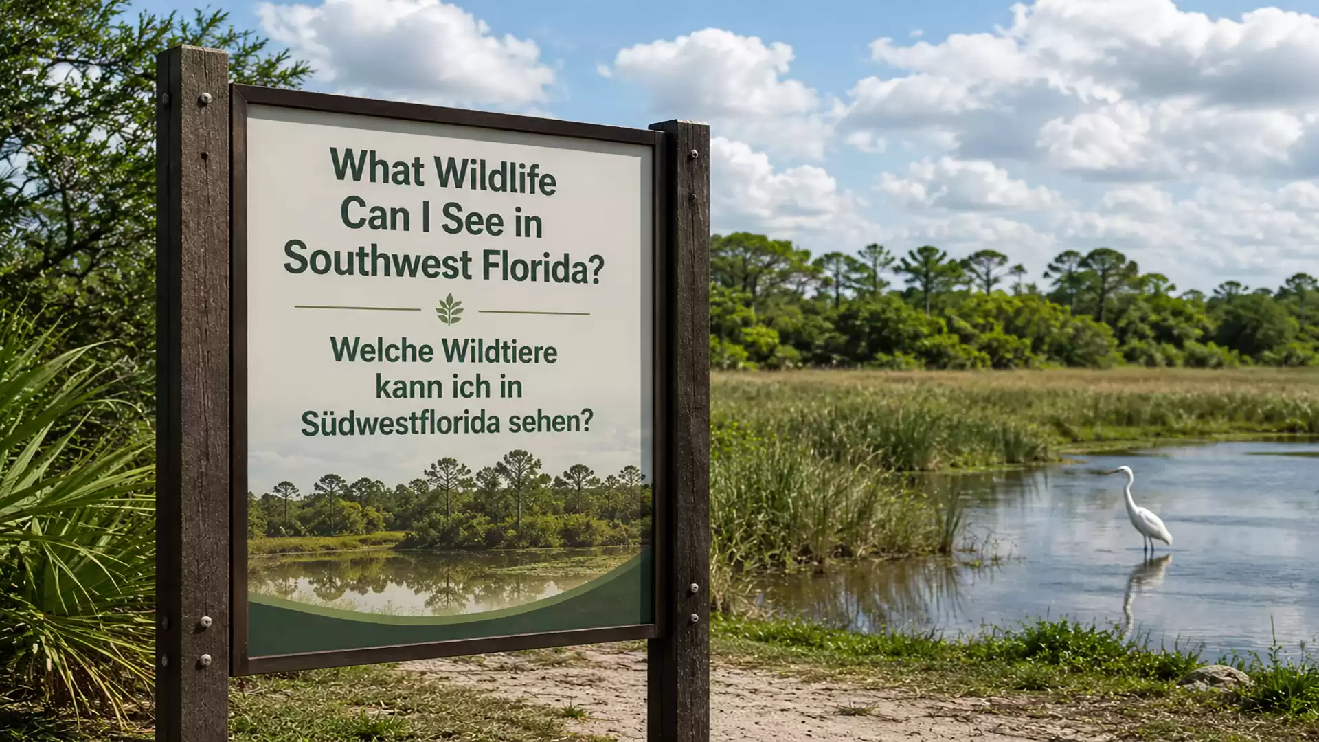 A sign in a nature area in Southwest Florida asking what wildlife can be seen in the region. In the background, there is a pond with a heron.