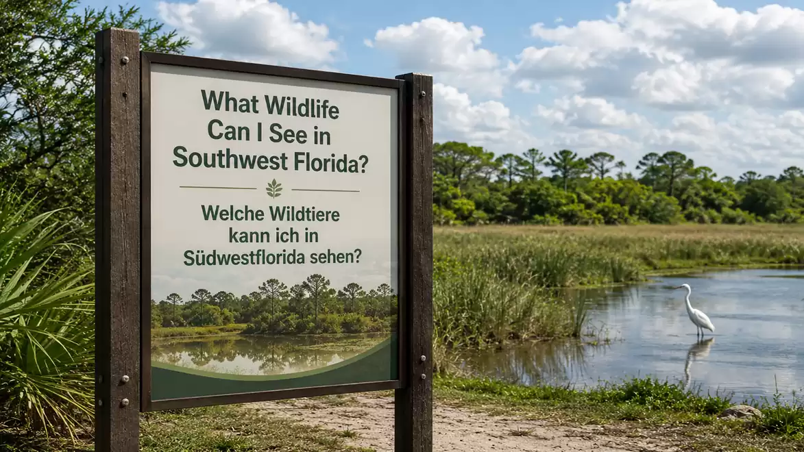 A sign in a nature area in Southwest Florida asking what wildlife can be seen in the region. In the background, there is a pond with a heron.
