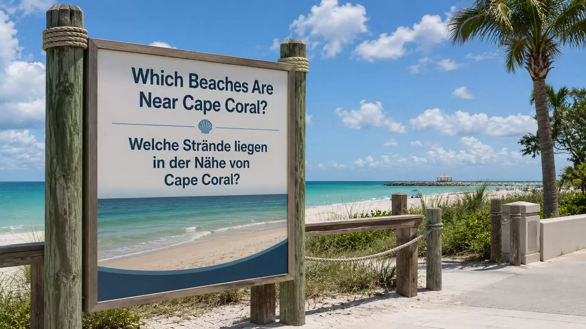 Beach scene with a sign asking which beaches are near Cape Coral, surrounded by palm trees and blue sky.