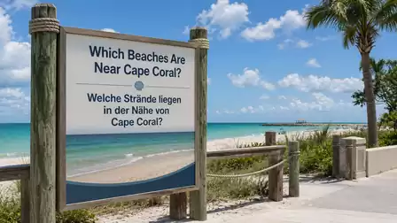 Beach scene with a sign asking which beaches are near Cape Coral, surrounded by palm trees and blue sky.
