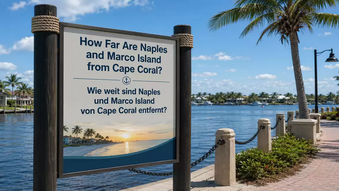 A sign by the waterway with palm trees in the background, describing the distance from Cape Coral to Naples and Marco Island.