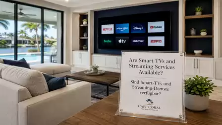Modern living room with a large glass door leading to a terrace with a pool and palm view. The room features a large TV displaying various streaming services.