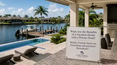 Pool and terrace overlooking a waterway and docks in Cape Coral. Sign with information about the benefits of a vacation home with a private dock.
