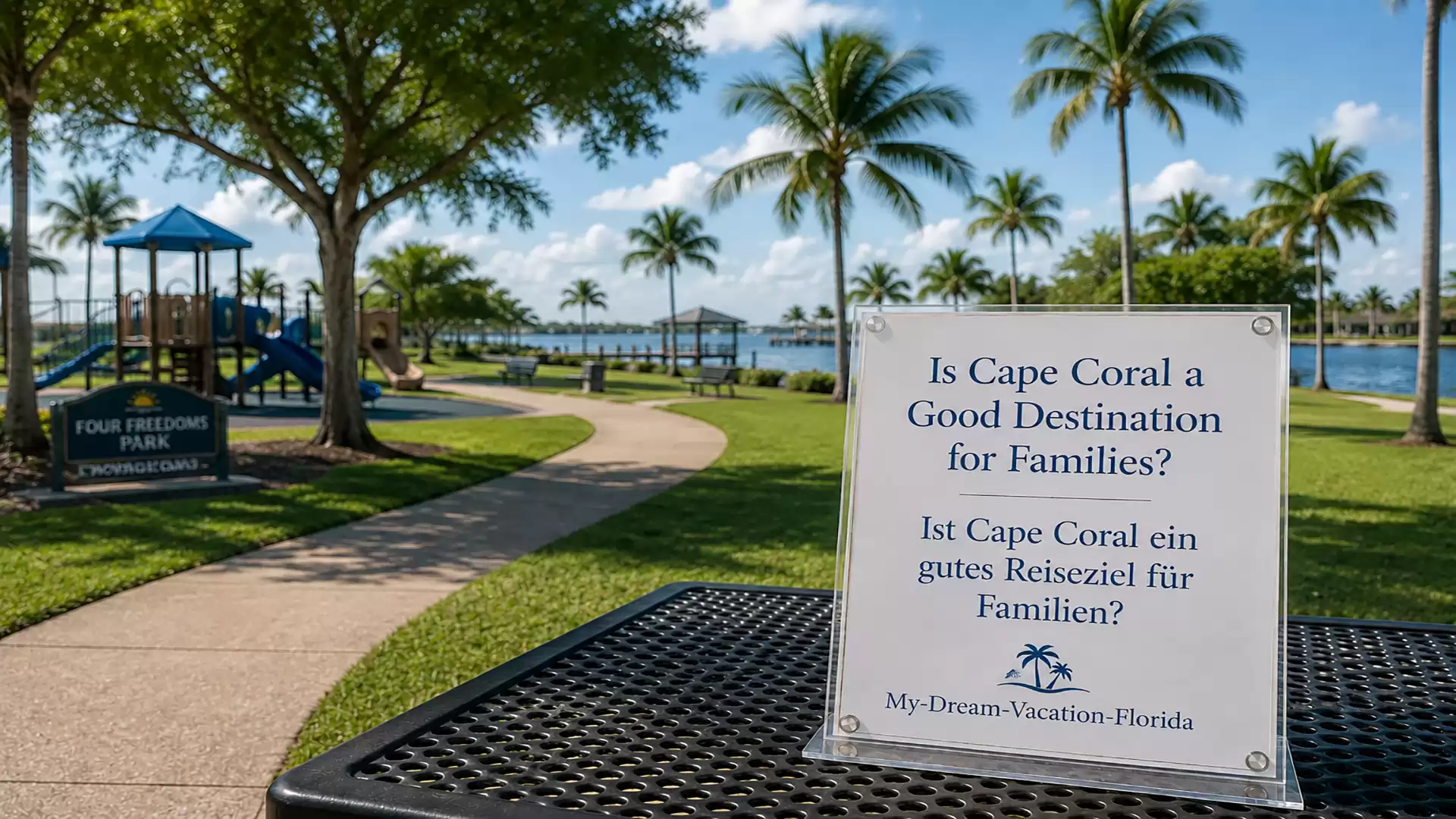 A sign on a picnic table in Four Freedoms Park in Cape Coral, Florida, asks: 'Is Cape Coral a good destination for families?' The background features a playground and palm trees under a blue sky.