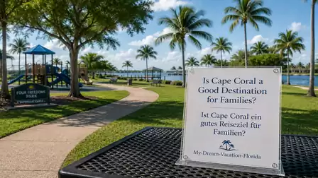 A sign on a picnic table in Four Freedoms Park in Cape Coral, Florida, asks: 'Is Cape Coral a good destination for families?' The background features a playground and palm trees under a blue sky.
