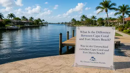 Panoramic view of a tranquil canal in Cape Coral, surrounded by palm trees and waterfront villas, with a sign asking about the difference between Cape Coral and Fort Myers Beach.