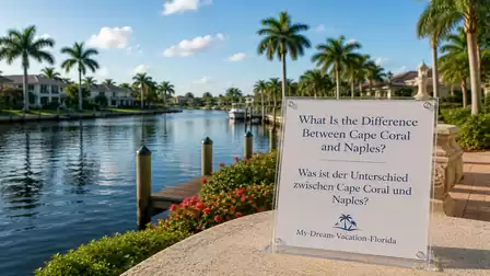 A picturesque canal scene in Florida with palm trees and a sign asking about the difference between Cape Coral and Naples.