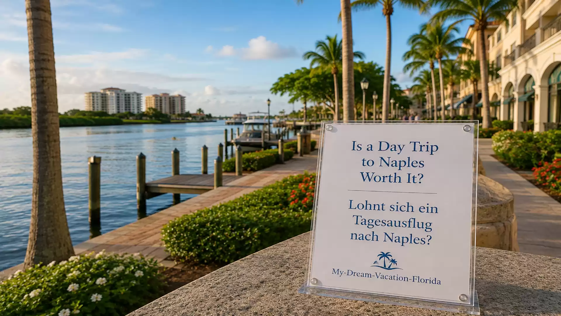A sunny daytime view of a picturesque waterfront promenade with palm trees, foreground a sign reading: 'Is a Day Trip to Naples Worth It?'