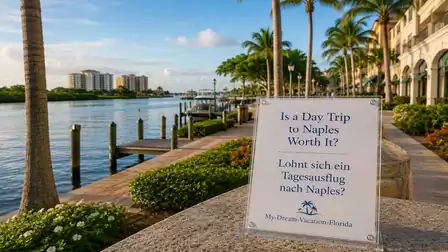 A sunny daytime view of a picturesque waterfront promenade with palm trees, foreground a sign reading: 'Is a Day Trip to Naples Worth It?'