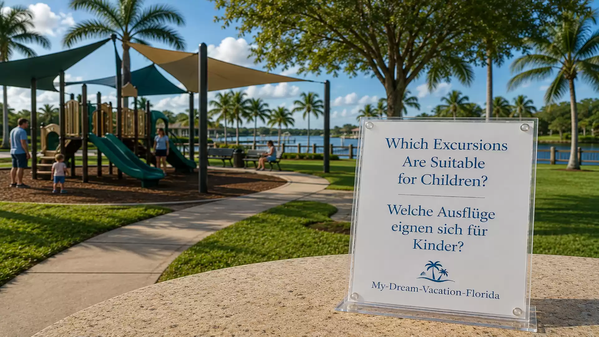 A playground with palm trees in the background. A sign in the foreground asks: 'Which excursions are suitable for children?' Next to the sign is a playground with a slide and climbing structure.