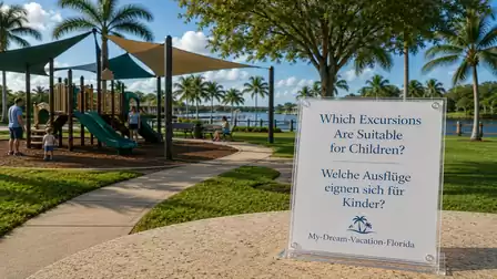 A playground with palm trees in the background. A sign in the foreground asks: 'Which excursions are suitable for children?' Next to the sign is a playground with a slide and climbing structure.
