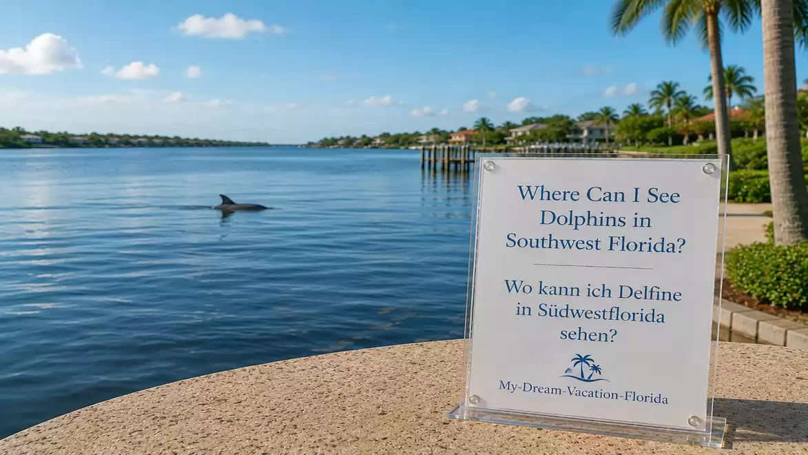 Image of a river in Southwest Florida with a dolphin in the water and a sign on the shore asking about dolphin watching locations.