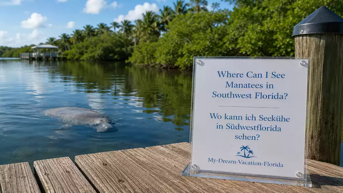 A calm riverside in Southwest Florida with a sign about manatees and a manatee in the water.