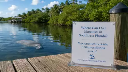 A calm riverside in Southwest Florida with a sign about manatees and a manatee in the water.