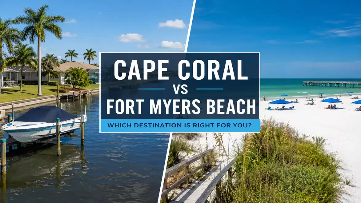 Comparison of Cape Coral and Fort Myers Beach featuring an image of a canal and a beach.