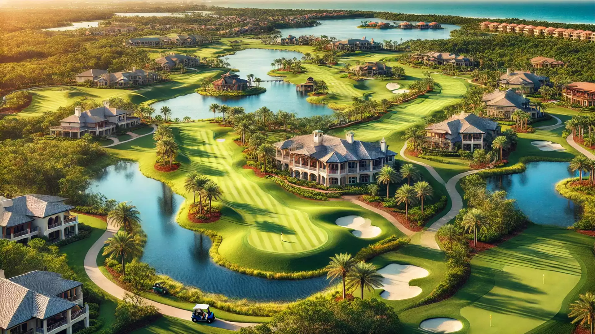 Aerial view of a picturesque golf course with green fairways, water hazards, and luxury villas in a sunny setting.