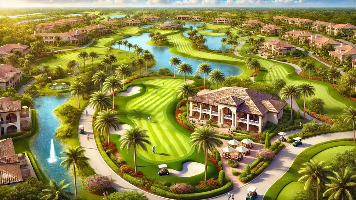 A picturesque golf course with a clubhouse, surrounded by palm trees and manicured fairways. Ponds and luxurious villas are visible in the background.