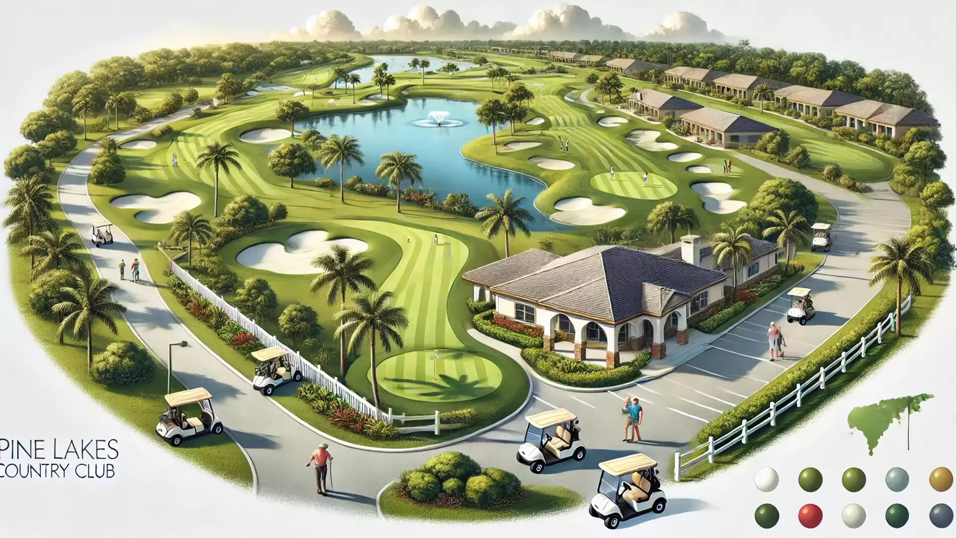 Illustration of a golf course with clubhouse, golf carts, and palm trees at Pine Lakes Country Club.