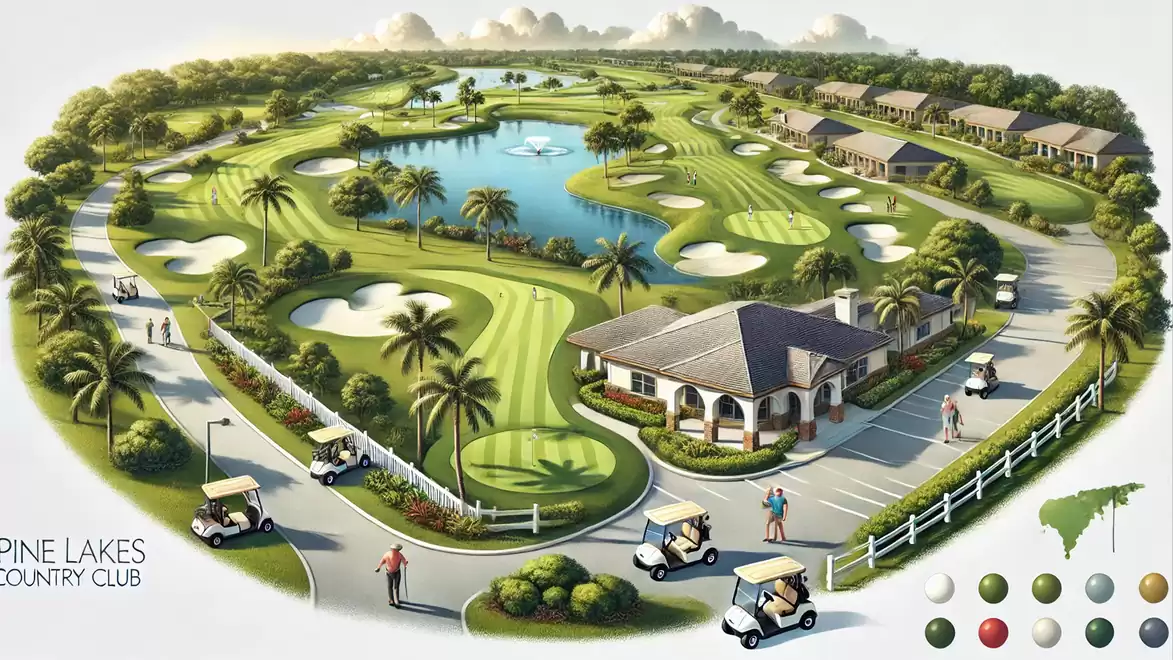 Illustration of a golf course with clubhouse, golf carts, and palm trees at Pine Lakes Country Club.