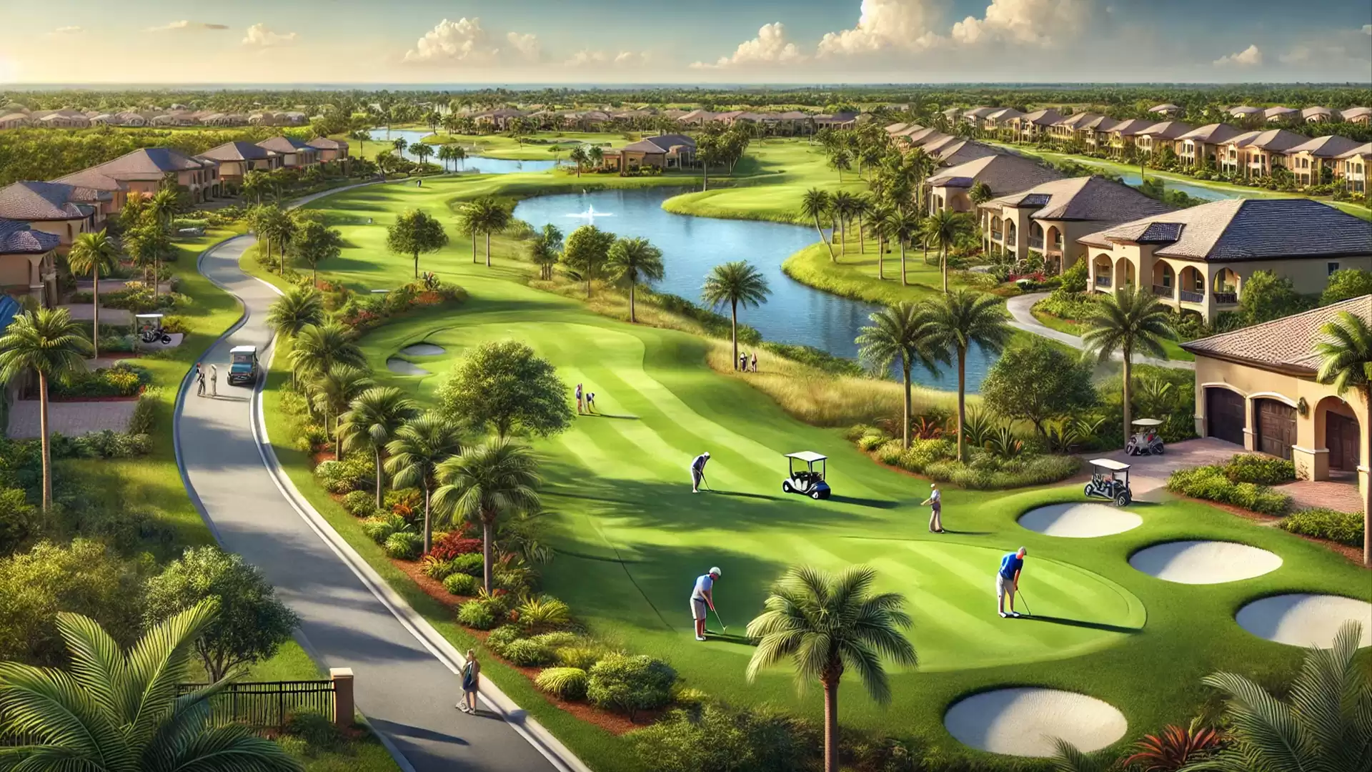 Aerial view of a picturesque golf course with golfers playing, surrounded by modern houses and palm trees, under a clear blue sky.