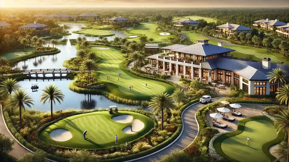 Luxurious golf course with clubhouse and water landscape at sunset, surrounded by green fairways and palm trees.