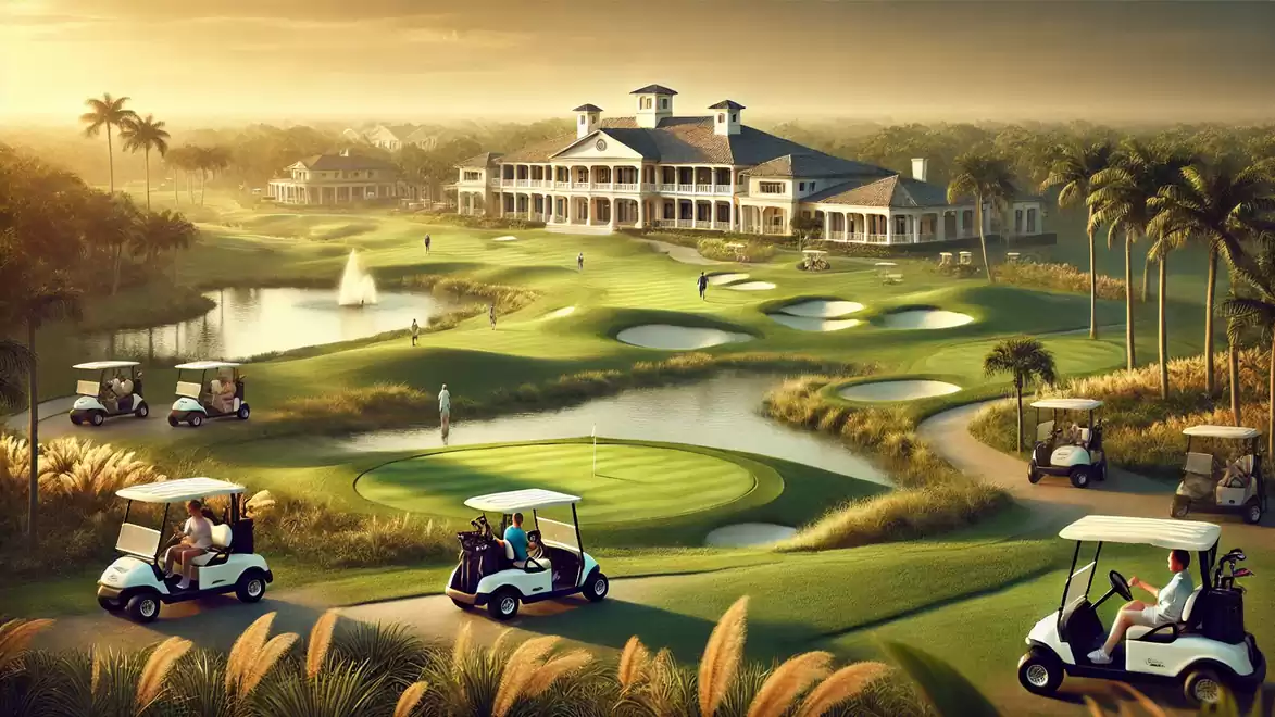A picturesque golf course at sunset with golf carts, ponds, and a large clubhouse in the background.