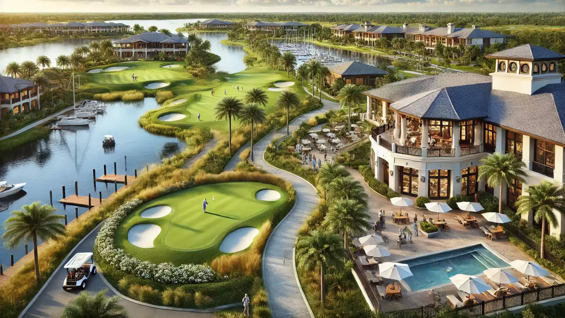 Aerial view of a luxurious golf resort featuring manicured greens, water hazards, an elegant clubhouse, and palm-lined pathways. A pool and a terrace with umbrellas are visible in the foreground.