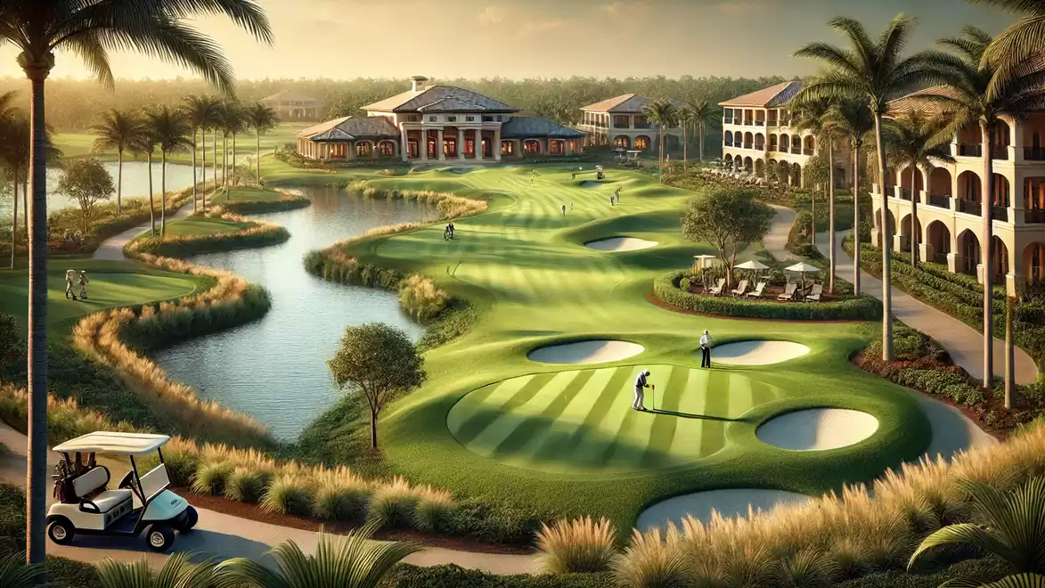 Luxurious golf course at sunset, surrounded by palm trees and elegant buildings.