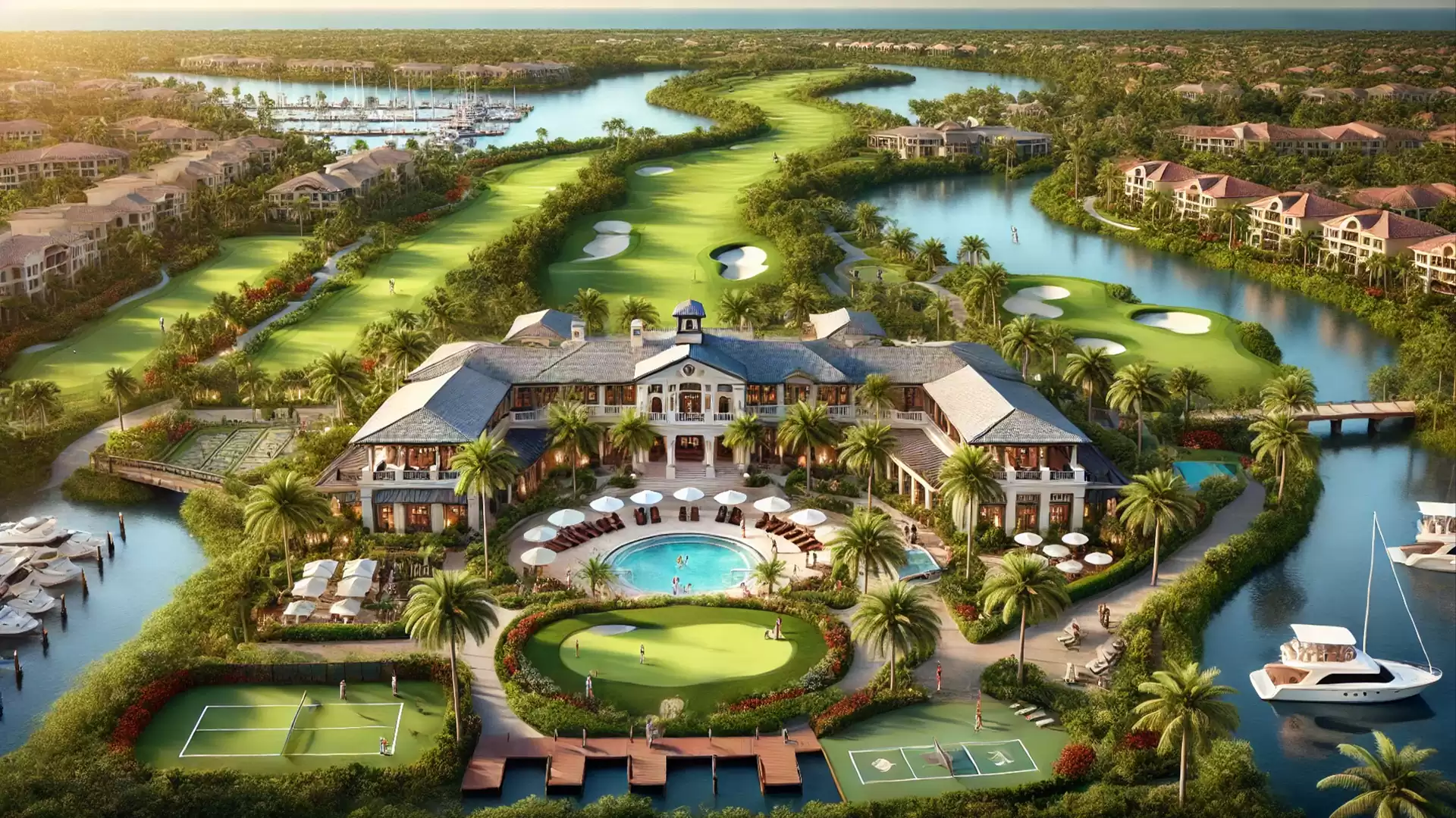 Aerial view of a luxurious golf resort featuring a clubhouse, pool, golf course, tennis courts, and marina, surrounded by waterways and tropical landscape.