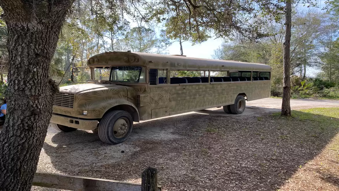 A school bus with sand-colored camouflage is parked under trees in a rural setting.