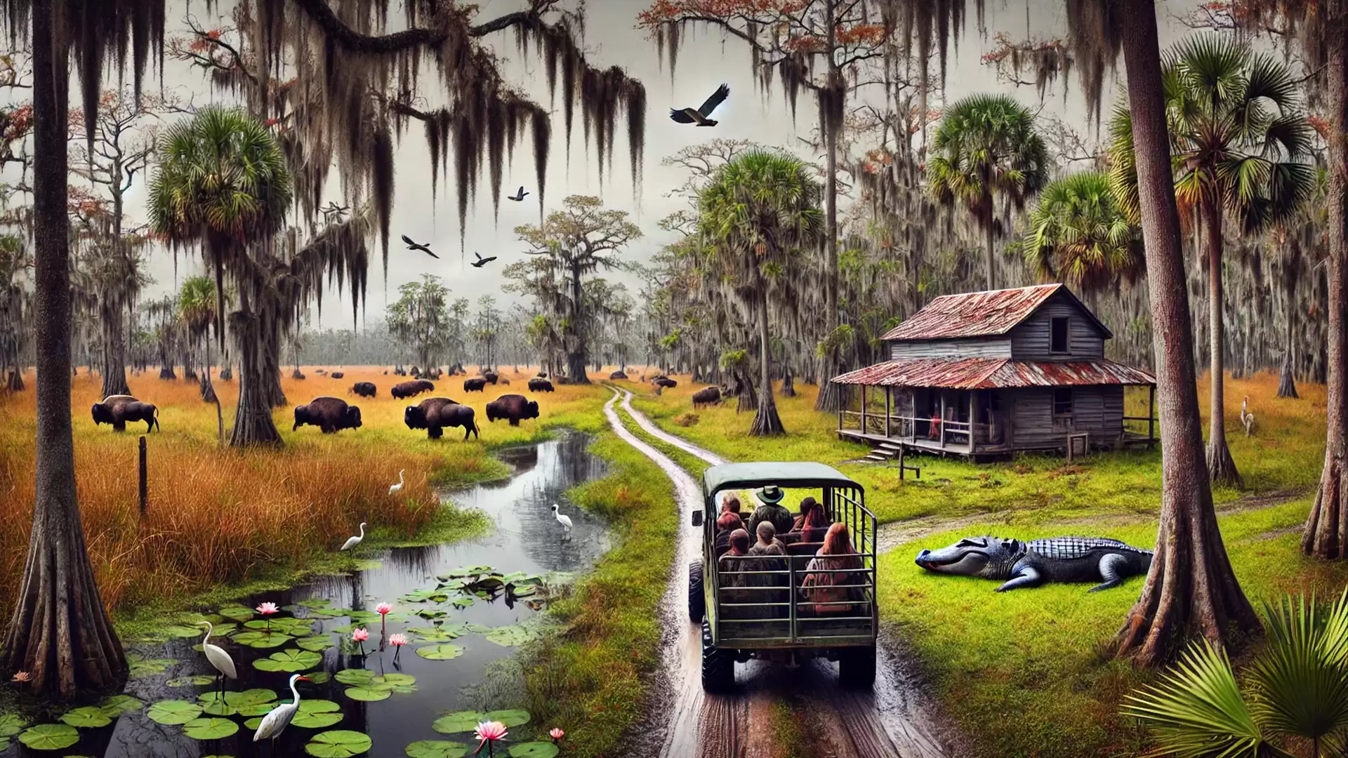An off-road vehicle drives on a path through a scenic landscape with a wooden cabin, alligators, and buffalo. Birds fly in the sky, and lilies bloom in a water stream.