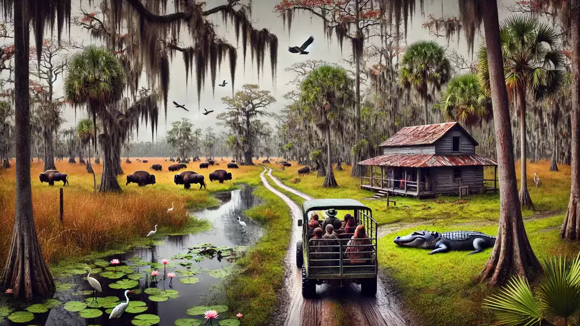An off-road vehicle drives on a path through a scenic landscape with a wooden cabin, alligators, and buffalo. Birds fly in the sky, and lilies bloom in a water stream.