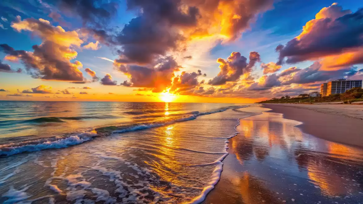 Sunset at the beach with colorful clouds and calm sea.