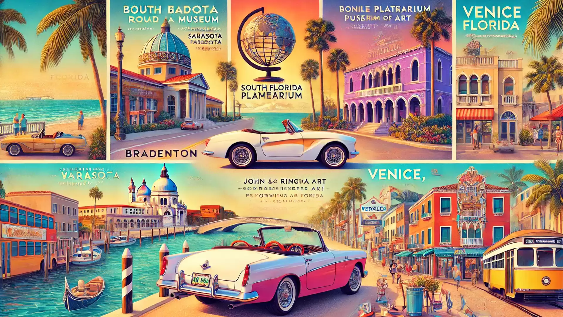 Illustration of Venice, Florida with retro cars, palm trees, vintage-style buildings, and a canal.