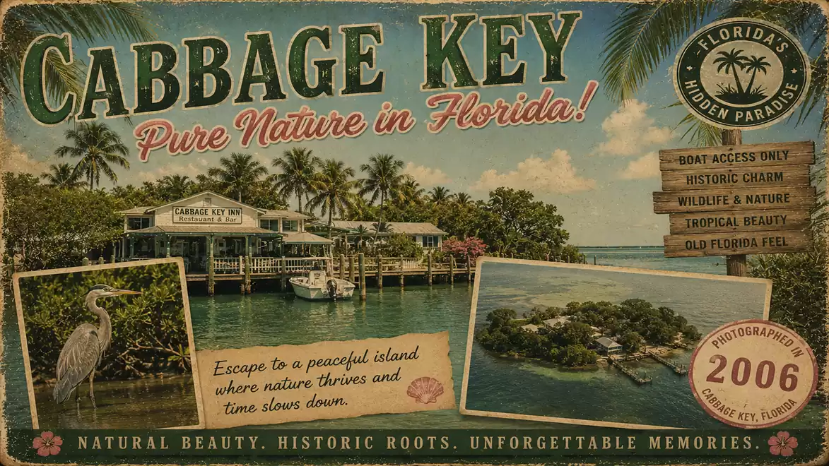 A retro poster of Cabbage Key in Florida depicts a tropical island with a waterfront restaurant, surrounded by lush greenery. A heron is seen in the foreground. The text highlights the island's natural beauty and historic roots.